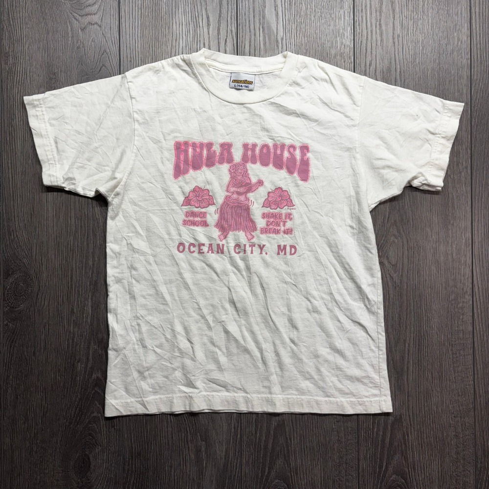 Vintage Sunsations Hula House Ocean City MD Pink Glitter Baby Tee White L 14/16
